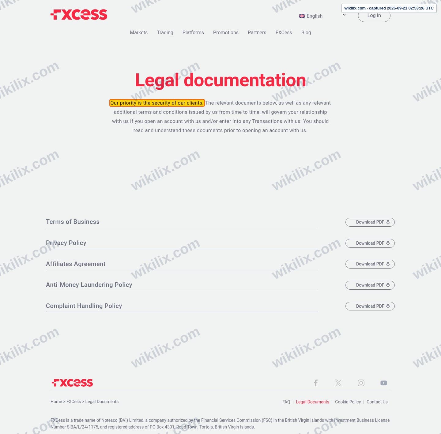 Our full page screenshot of the page that makes this promise, on FXCESS's site fxcess.com, taken on Sep 21, 2026. The quoted words are marked in the image.