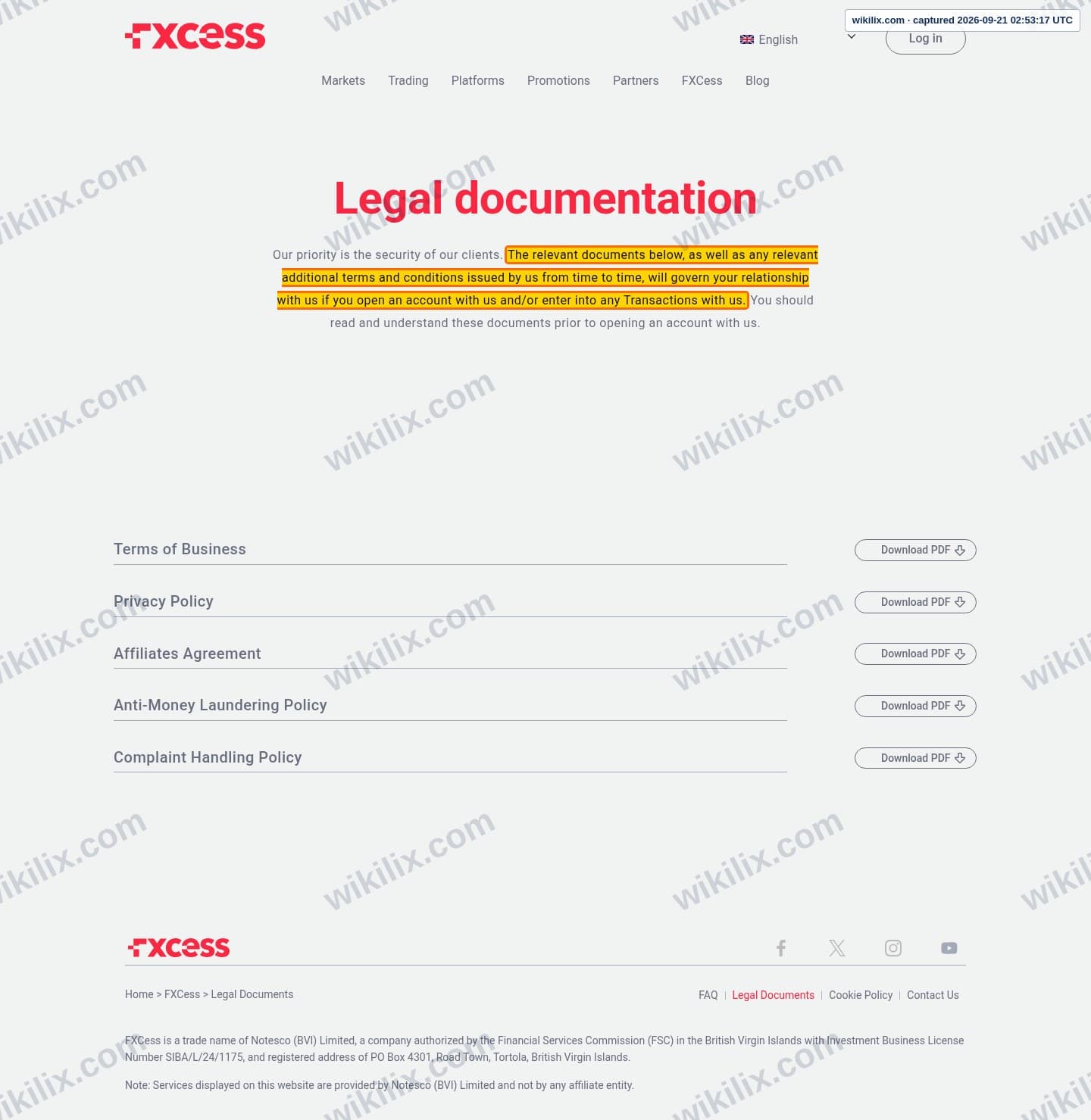 Our full page screenshot of the page this clause sits on, on FXCESS's site fxcess.com, taken on Sep 21, 2026. The quoted words are marked in the image.
