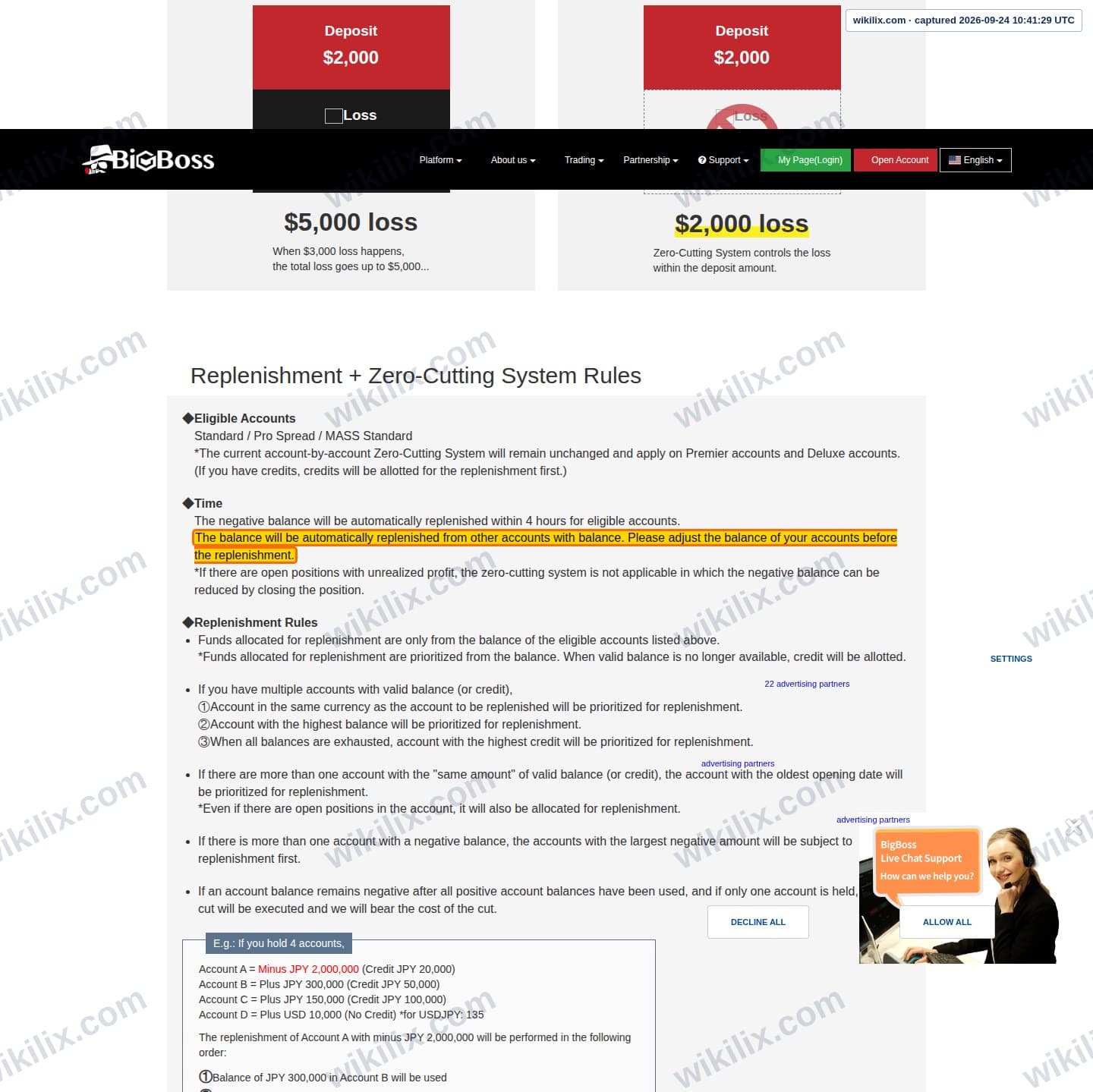Our full page screenshot of the page this clause sits on, on Big Boss's site bigboss-financial.com, taken on Sep 24, 2026. The quoted words are marked in the image.