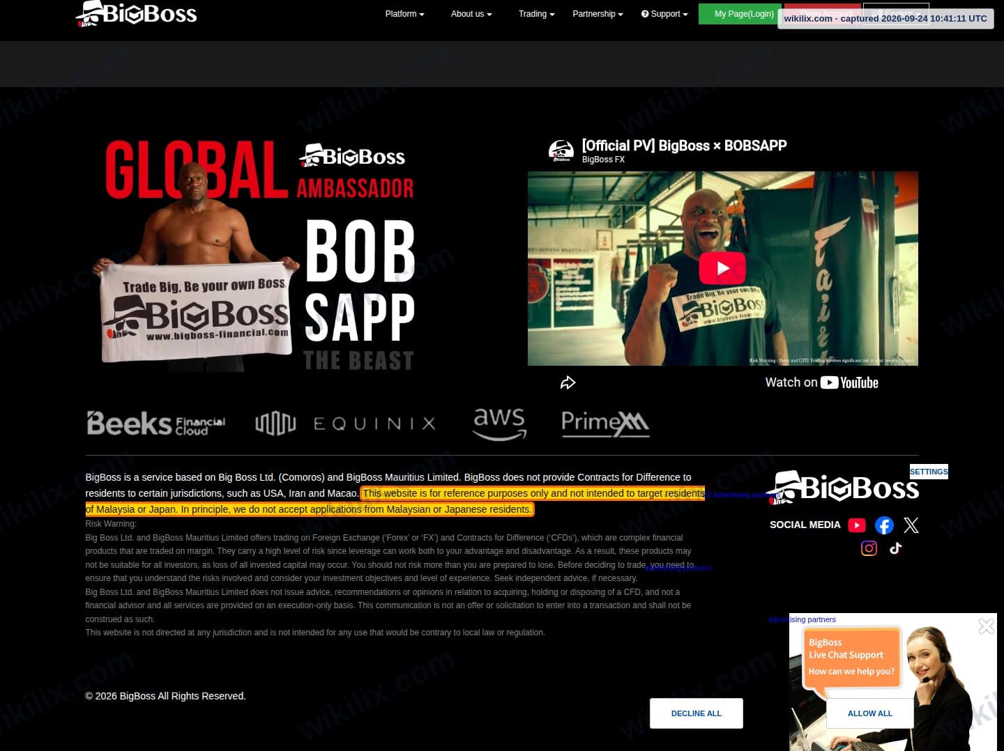 Our full page screenshot of the page this clause sits on, on Big Boss's site bigboss-financial.com, taken on Sep 24, 2026. The quoted words are marked in the image.
