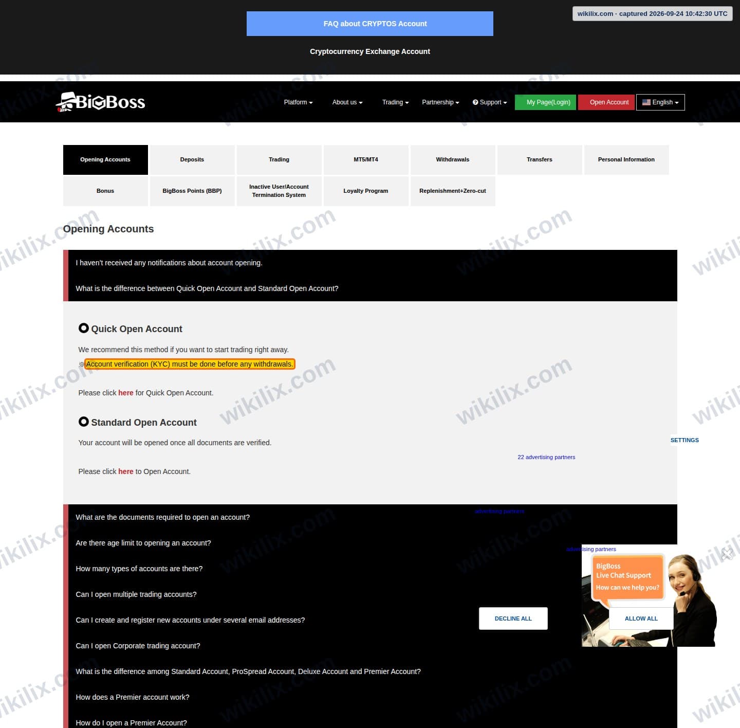 Our full page screenshot of the page this clause sits on, on Big Boss's site bigboss-financial.com, taken on Sep 24, 2026. The quoted words are marked in the image.