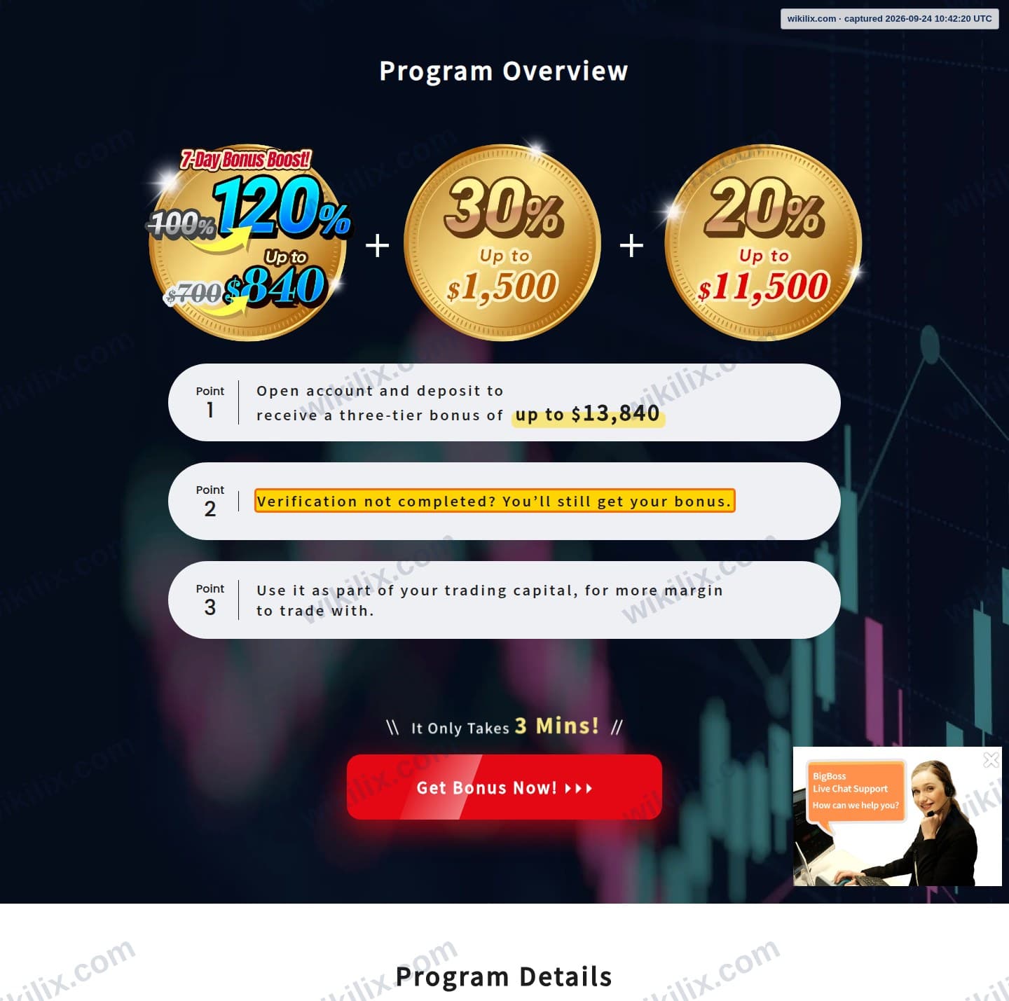 Our full page screenshot of the page that makes this promise, on Big Boss's site bigboss-financial.com, taken on Sep 24, 2026. The quoted words are marked in the image.