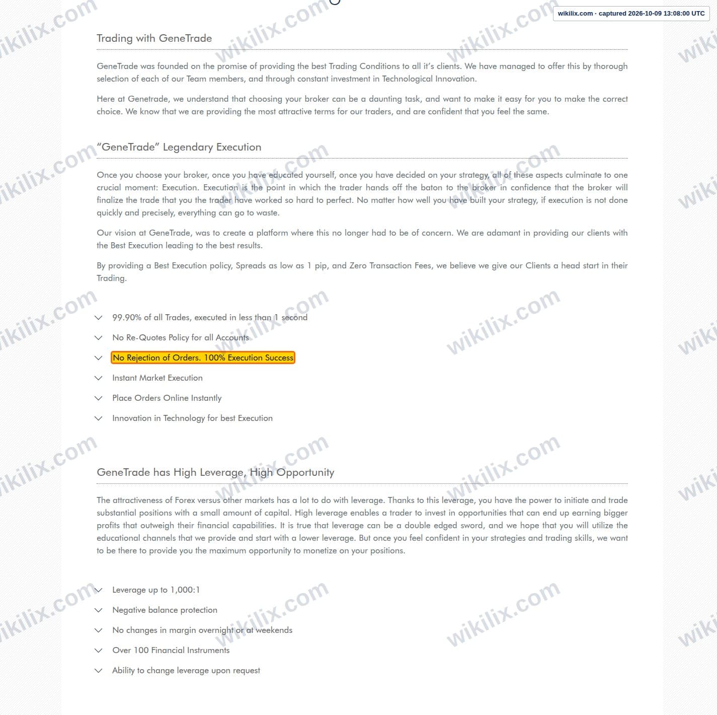 Our full page screenshot of the page that makes this promise, on GENETRADE's site genetrade.com, taken on Oct 9, 2026. The quoted words are marked in the image.
