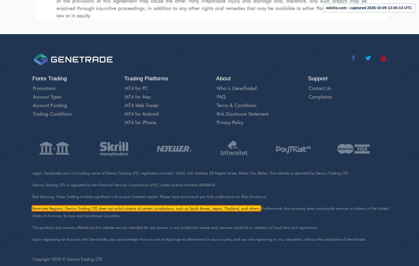 Our full page screenshot of the page this clause sits on, on GENETRADE's site genetrade.com, taken on Oct 9, 2026. The quoted words are marked in the image.