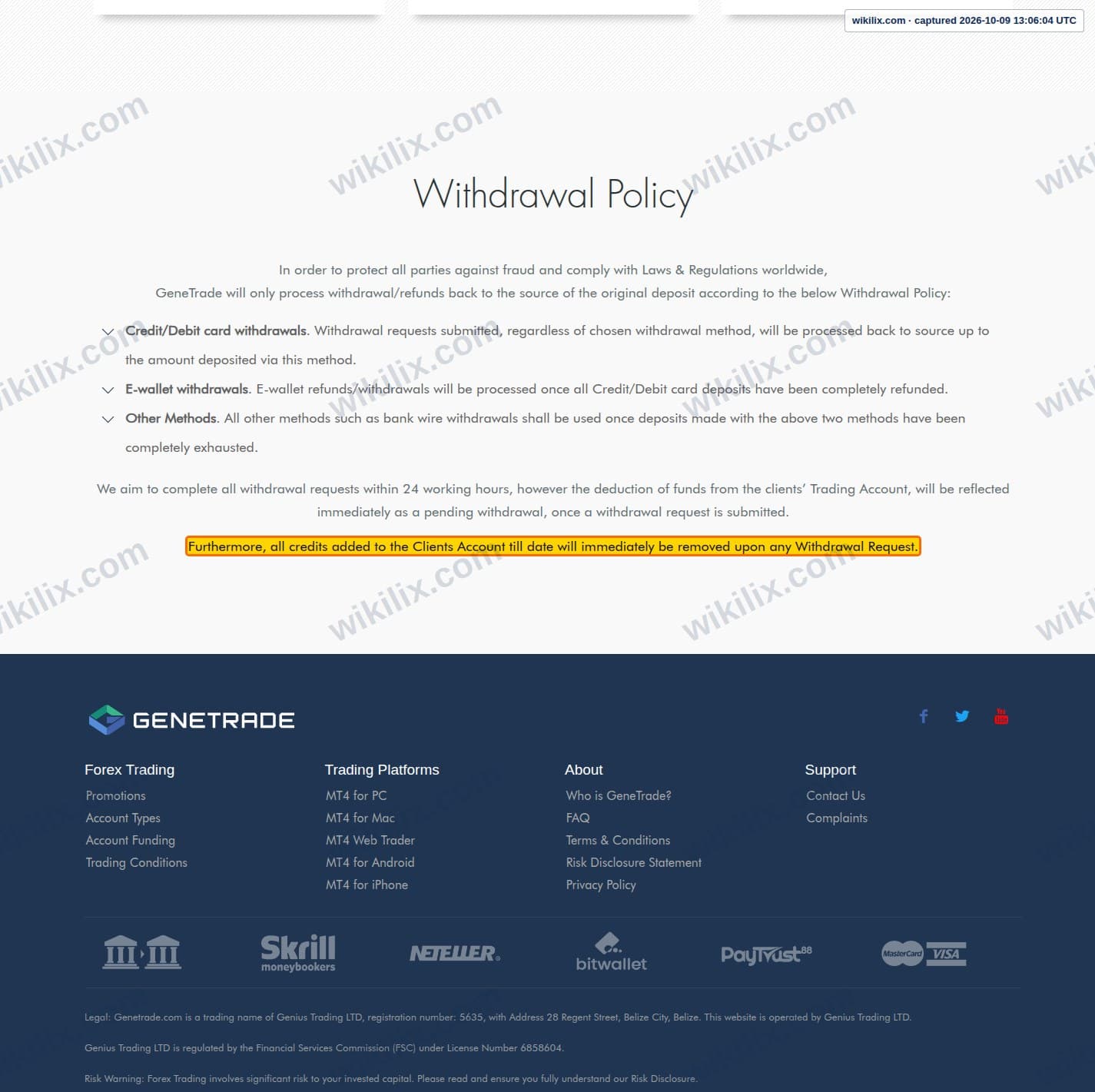 Our full page screenshot of the page this clause sits on, on GENETRADE's site genetrade.com, taken on Oct 9, 2026. The quoted words are marked in the image.