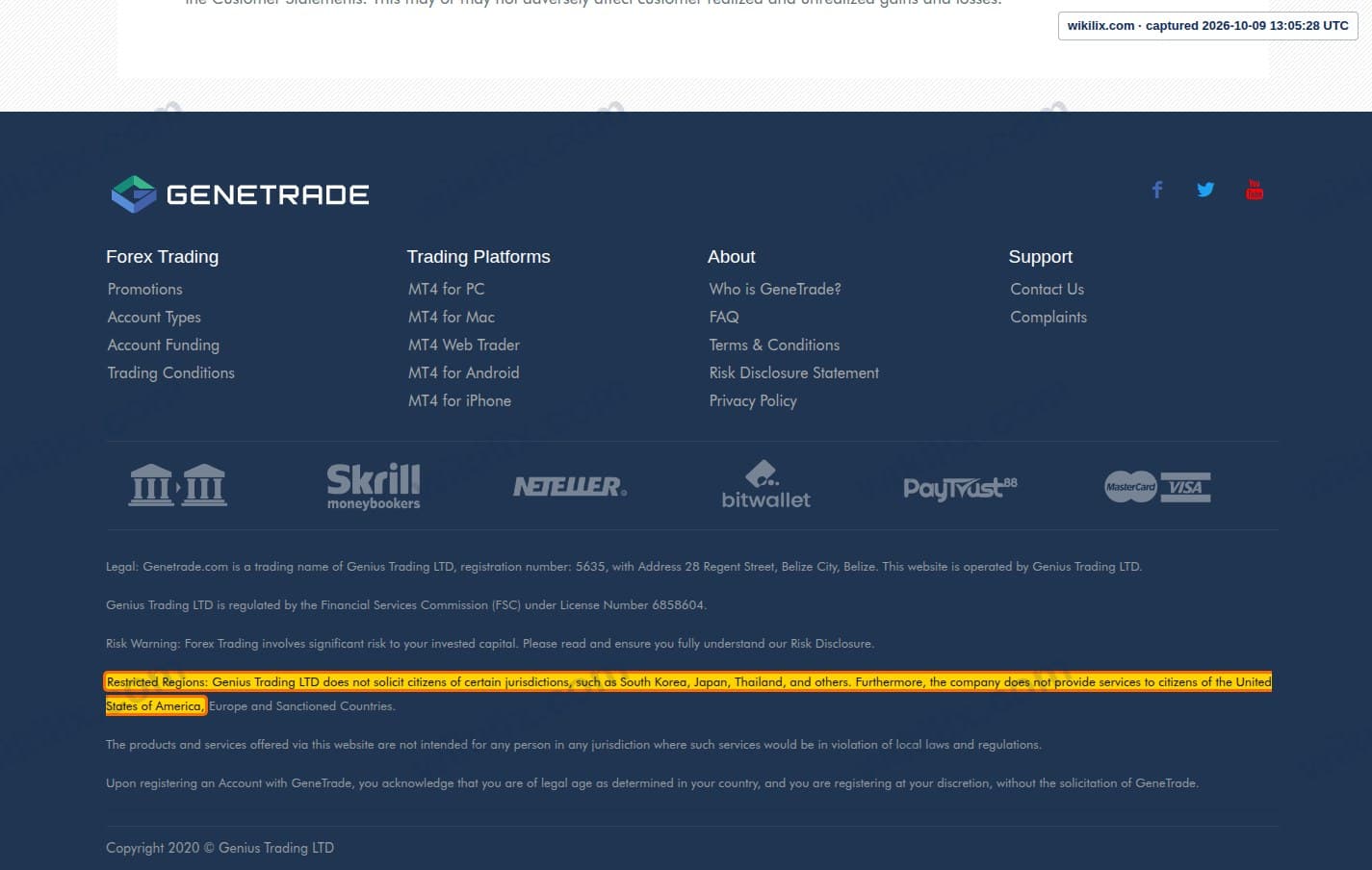 Our full page screenshot of the page this clause sits on, on GENETRADE's site genetrade.com, taken on Oct 9, 2026. The quoted words are marked in the image.