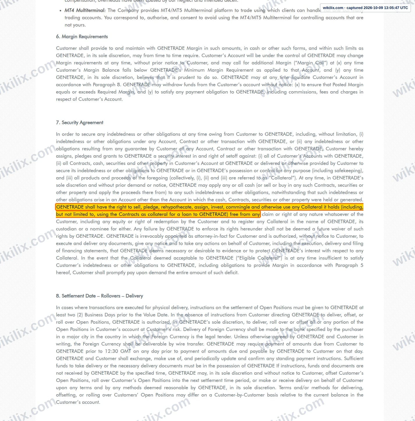 Our full page screenshot of the page this clause sits on, on GENETRADE's site genetrade.com, taken on Oct 9, 2026. The quoted words are marked in the image.