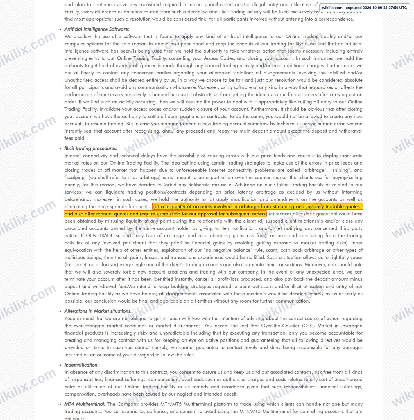 Our full page screenshot of the page this clause sits on, on GENETRADE's site genetrade.com, taken on Oct 9, 2026. The quoted words are marked in the image.