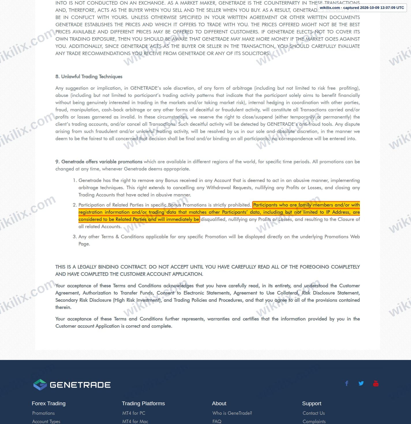 Our full page screenshot of the page this clause sits on, on GENETRADE's site genetrade.com, taken on Oct 9, 2026. The quoted words are marked in the image.
