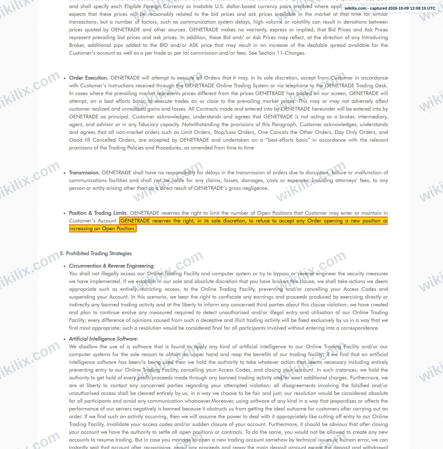 Our full page screenshot of the page this clause sits on, on GENETRADE's site genetrade.com, taken on Oct 9, 2026. The quoted words are marked in the image.