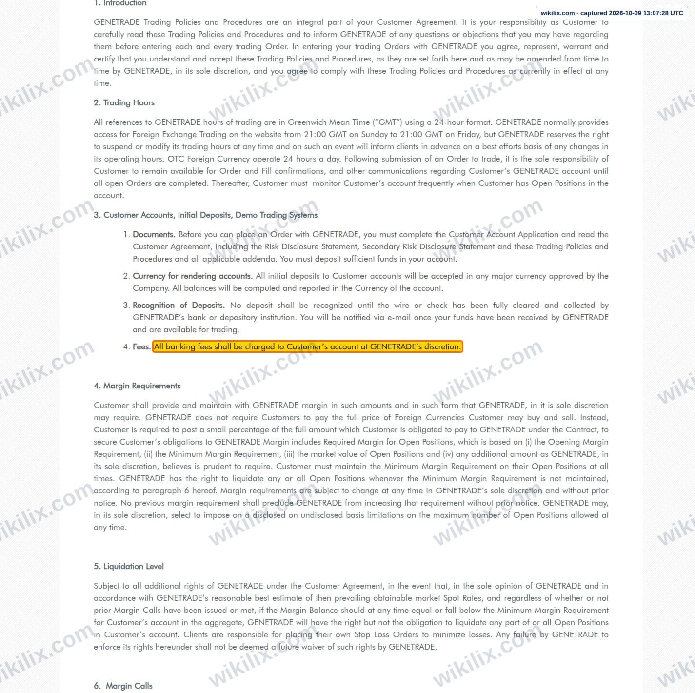 Our full page screenshot of the page this clause sits on, on GENETRADE's site genetrade.com, taken on Oct 9, 2026. The quoted words are marked in the image.