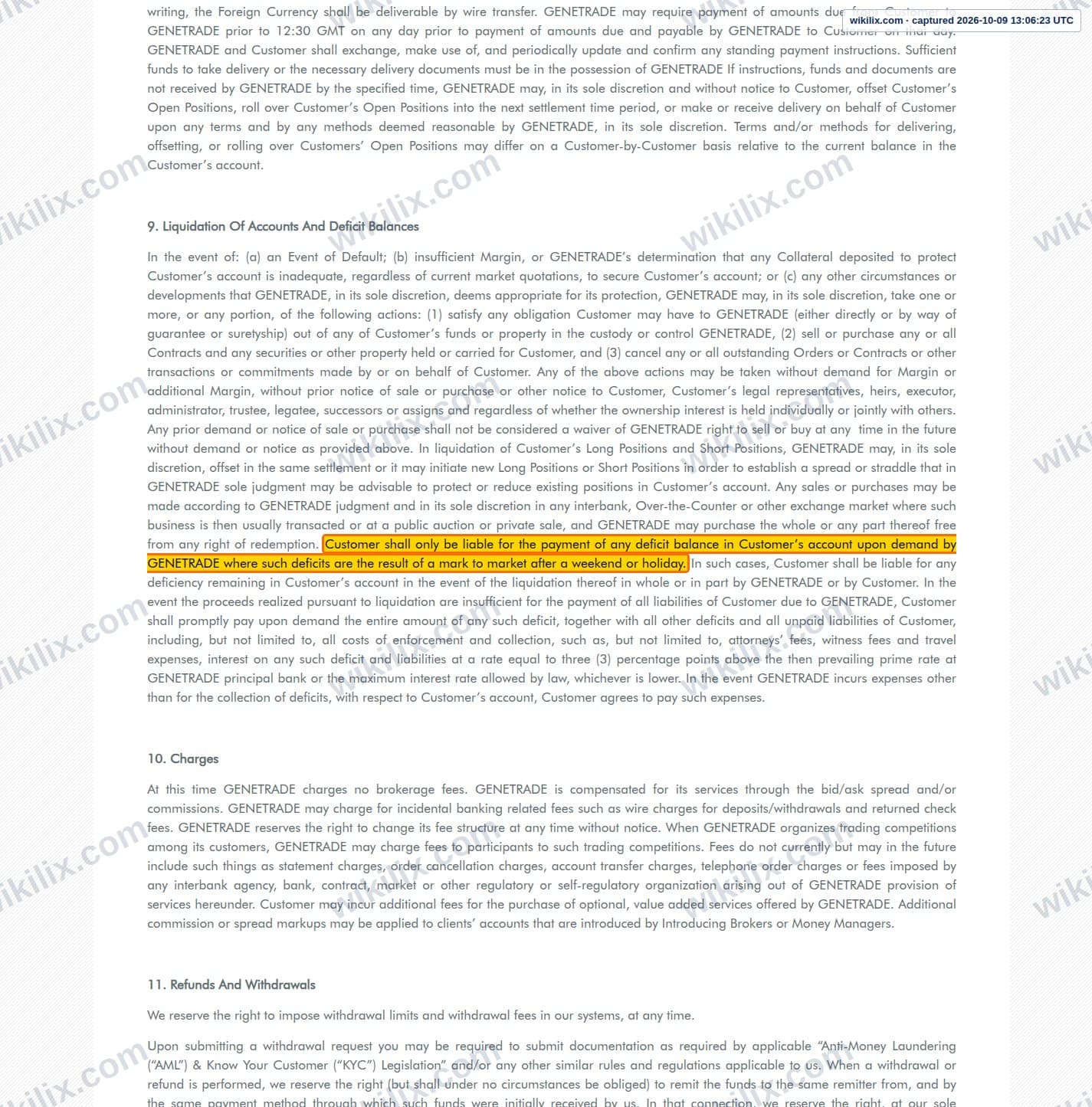 Our full page screenshot of the page this clause sits on, on GENETRADE's site genetrade.com, taken on Oct 9, 2026. The quoted words are marked in the image.