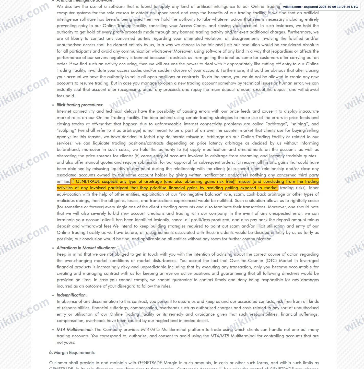 Our full page screenshot of the page this clause sits on, on GENETRADE's site genetrade.com, taken on Oct 9, 2026. The quoted words are marked in the image.