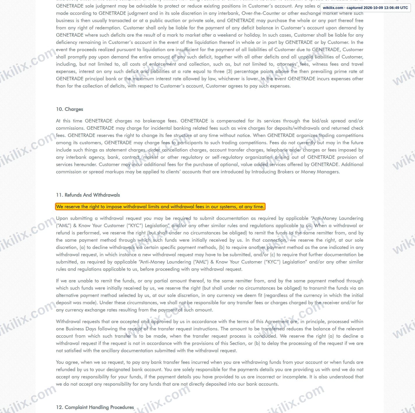 Our full page screenshot of the page this clause sits on, on GENETRADE's site genetrade.com, taken on Oct 9, 2026. The quoted words are marked in the image.