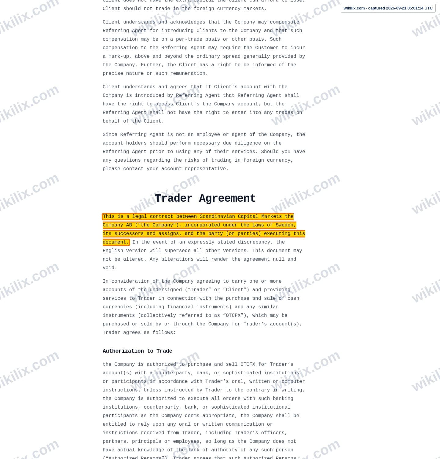 Our full page screenshot of the page this clause sits on, on Scandinavian Capital Markets's site scandinavianmarkets.com, taken on Sep 21, 2026. The quoted words are marked in the image.