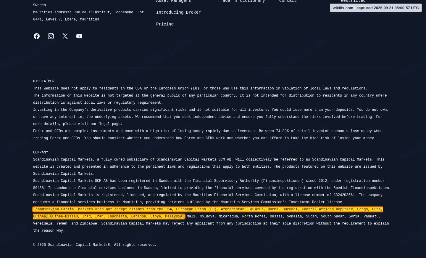 Our full page screenshot of the page this clause sits on, on Scandinavian Capital Markets's site scandinavianmarkets.com, taken on Sep 21, 2026. The quoted words are marked in the image.