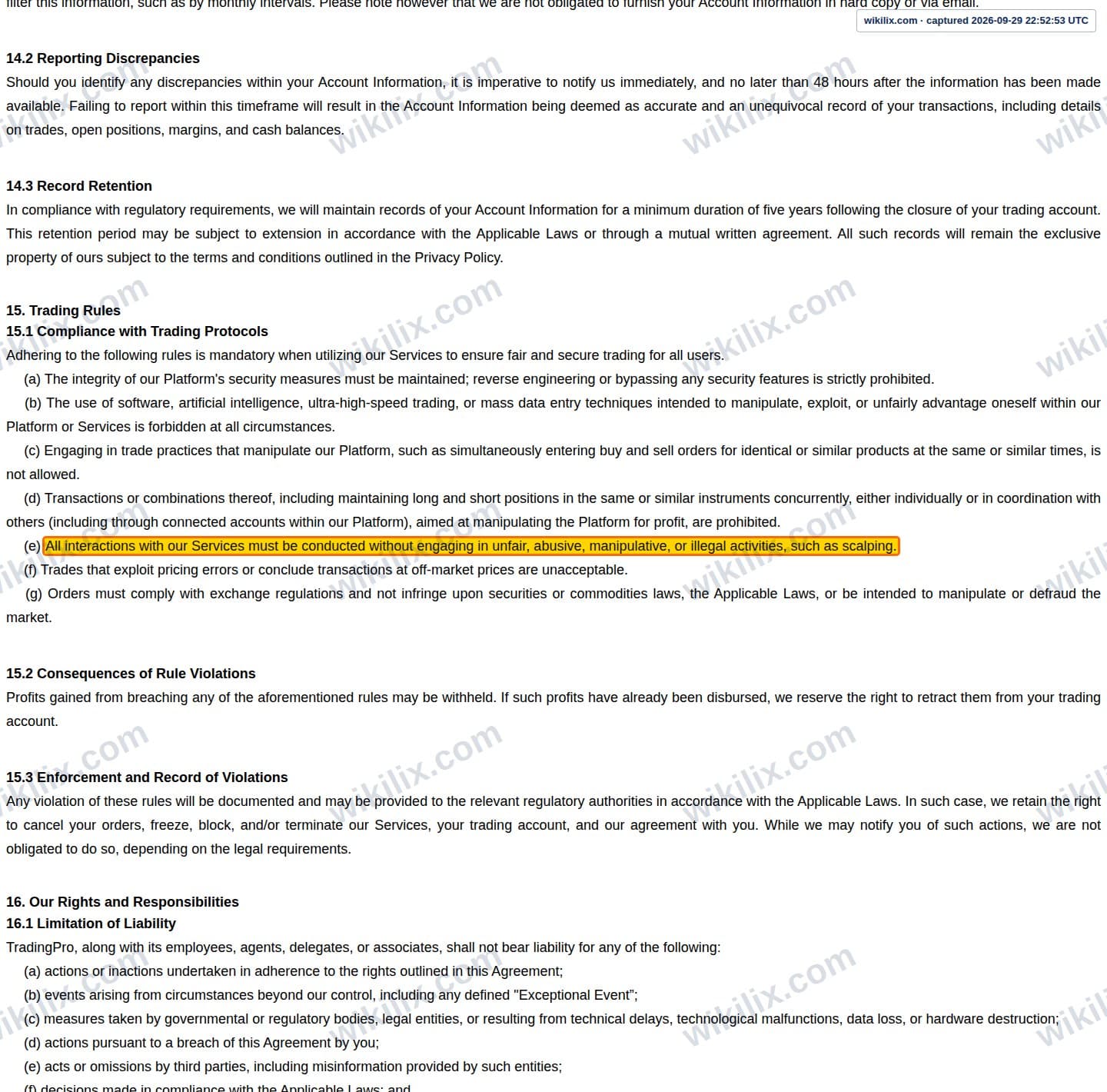 Our full page screenshot of the page this clause sits on, on Trading Pro's site web.archive.org, taken on Sep 29, 2026. The quoted words are marked in the image.