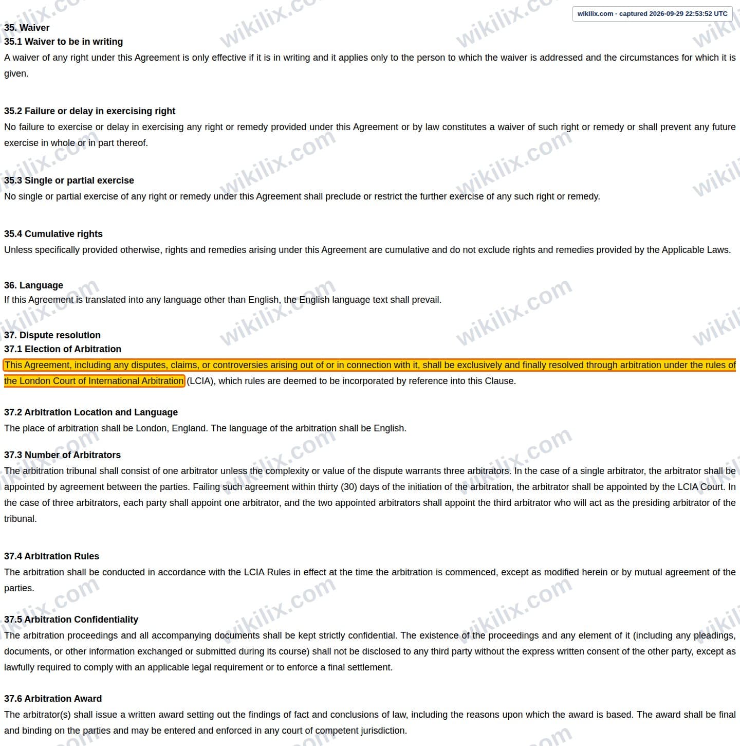 Our full page screenshot of the page this clause sits on, on Trading Pro's site web.archive.org, taken on Sep 29, 2026. The quoted words are marked in the image.