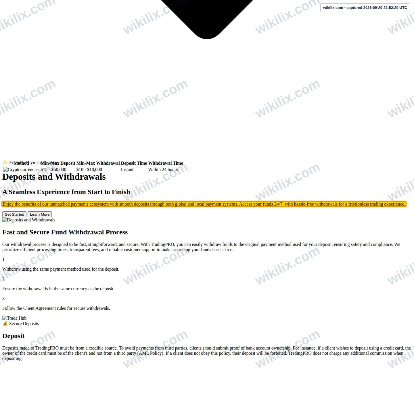 Our full page screenshot of the page that makes this promise, on Trading Pro's site web.archive.org, taken on Sep 29, 2026. The quoted words are marked in the image.