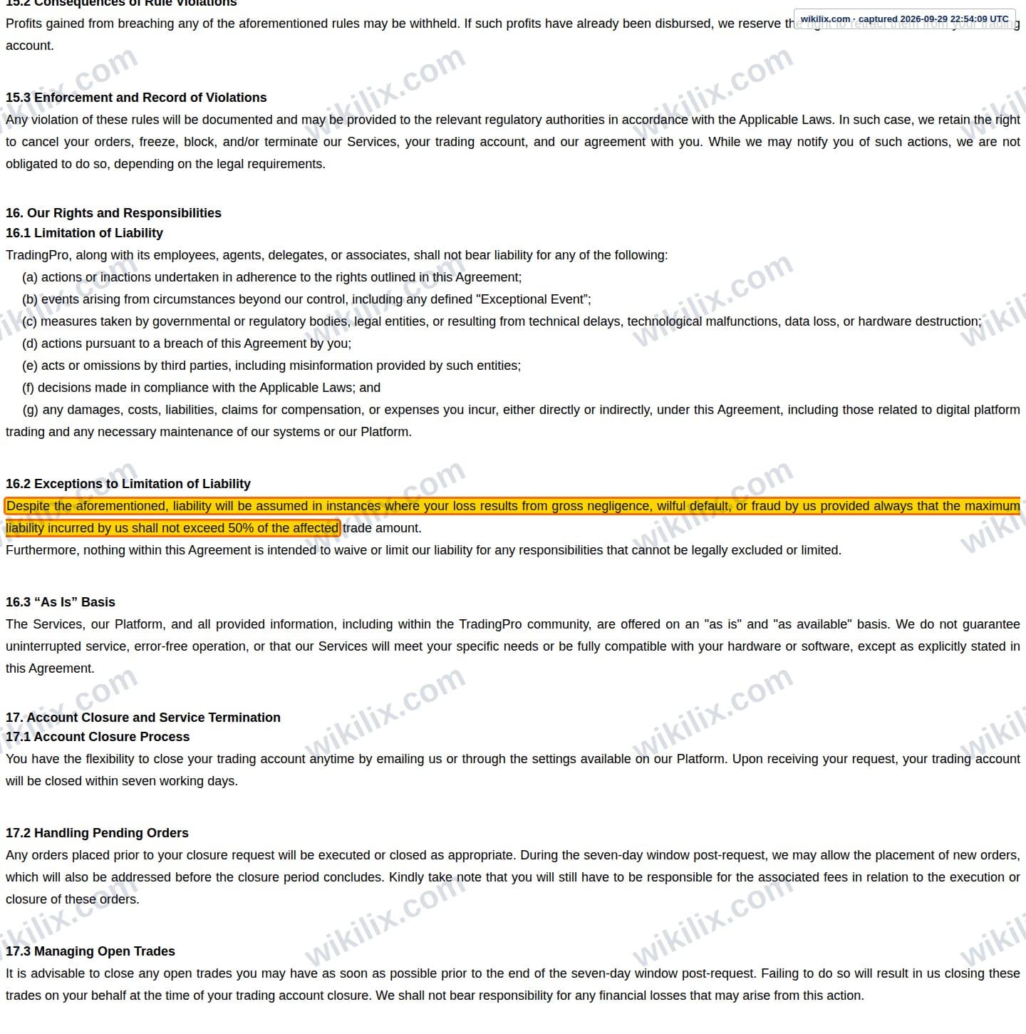 Our full page screenshot of the page this clause sits on, on Trading Pro's site web.archive.org, taken on Sep 29, 2026. The quoted words are marked in the image.