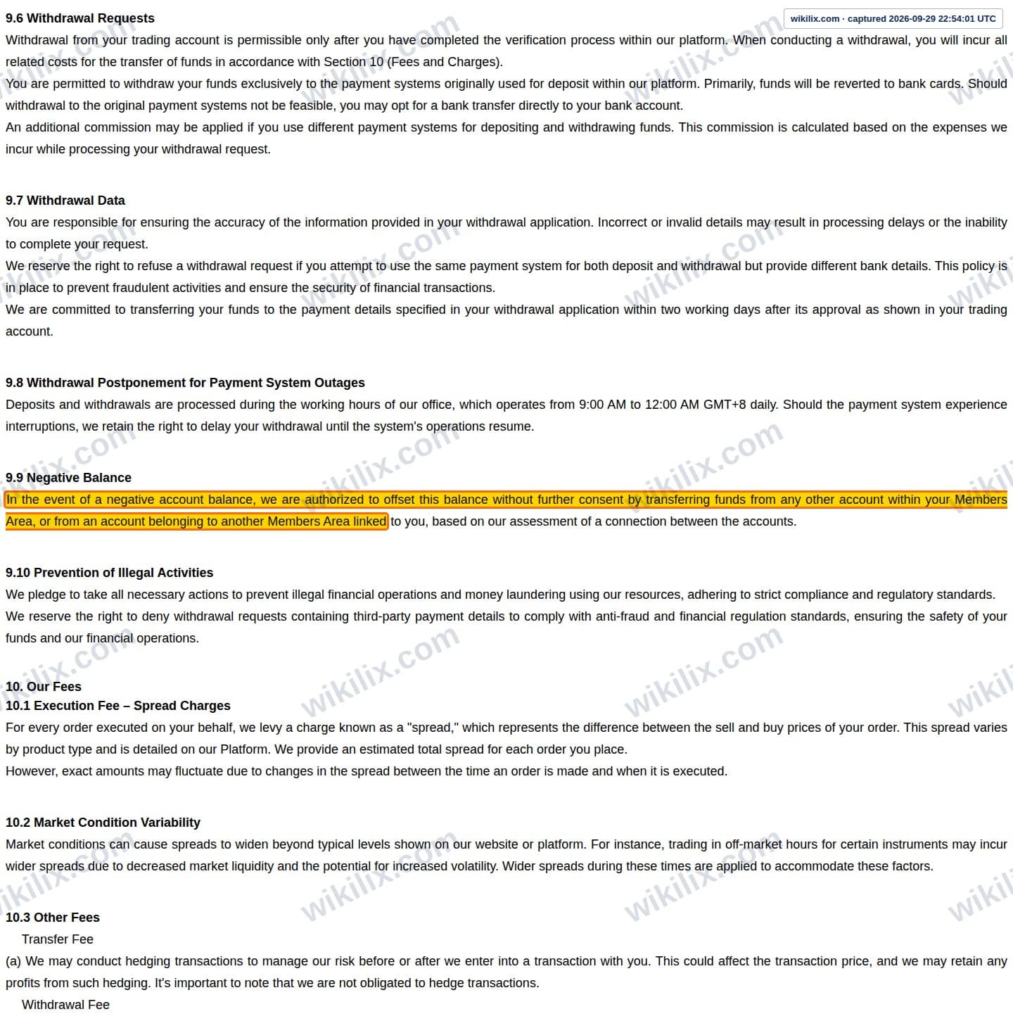 Our full page screenshot of the page this clause sits on, on Trading Pro's site web.archive.org, taken on Sep 29, 2026. The quoted words are marked in the image.