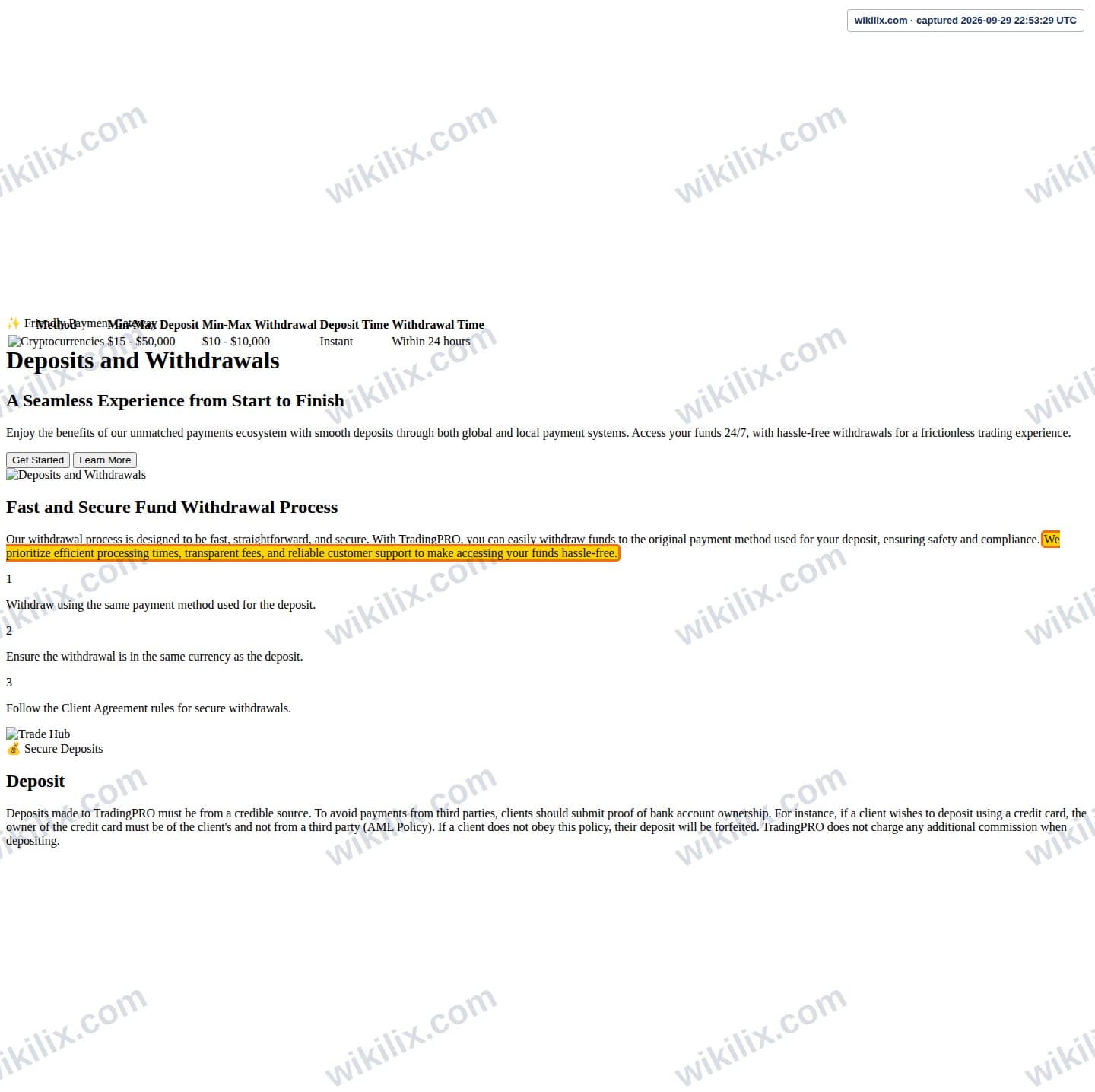 Our full page screenshot of the page that makes this promise, on Trading Pro's site web.archive.org, taken on Sep 29, 2026. The quoted words are marked in the image.