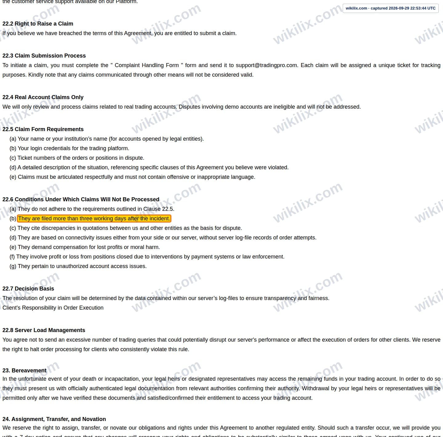 Our full page screenshot of the page this clause sits on, on Trading Pro's site web.archive.org, taken on Sep 29, 2026. The quoted words are marked in the image.