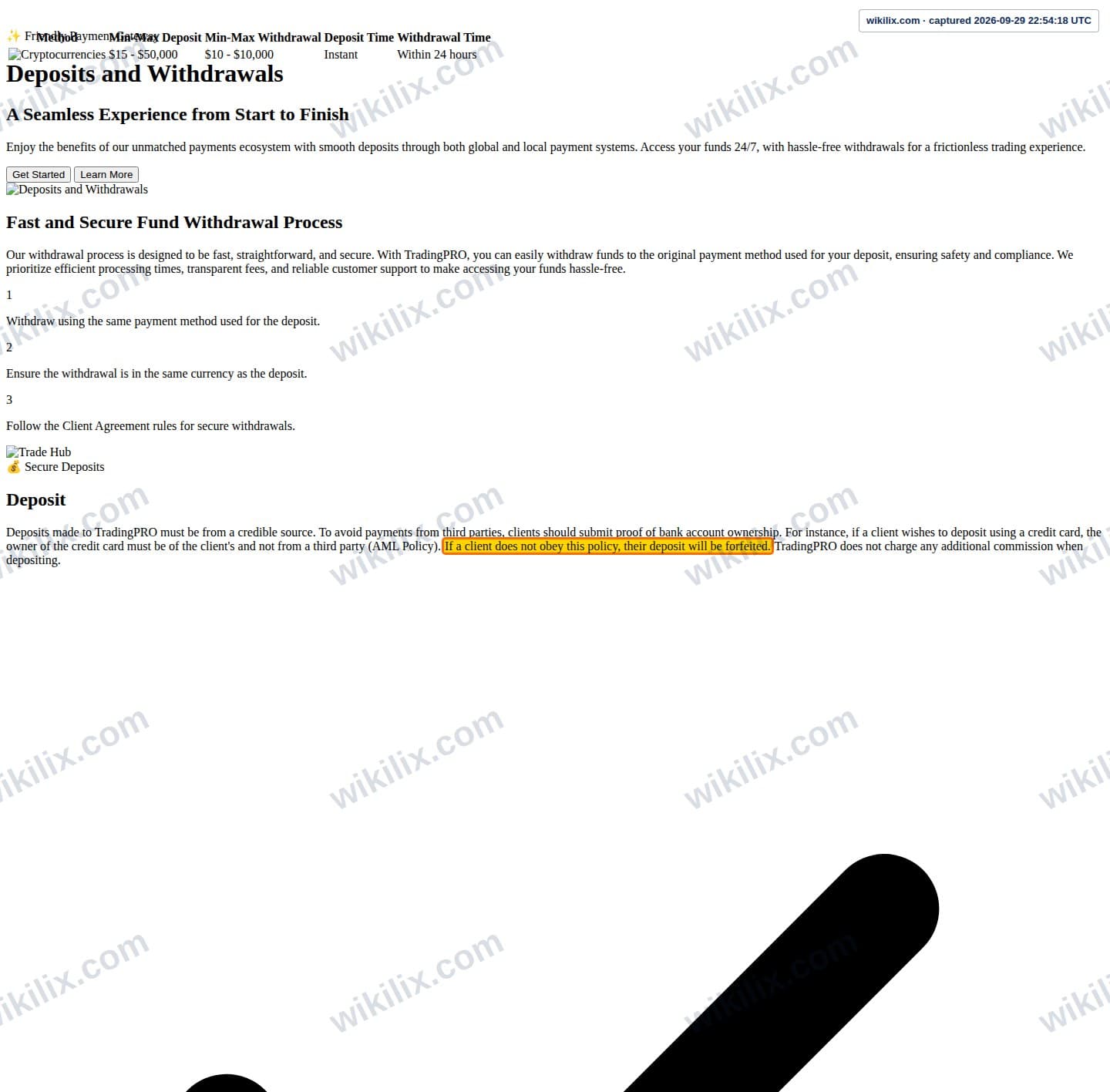 Our full page screenshot of the page that makes this promise, on Trading Pro's site web.archive.org, taken on Sep 29, 2026. The quoted words are marked in the image.