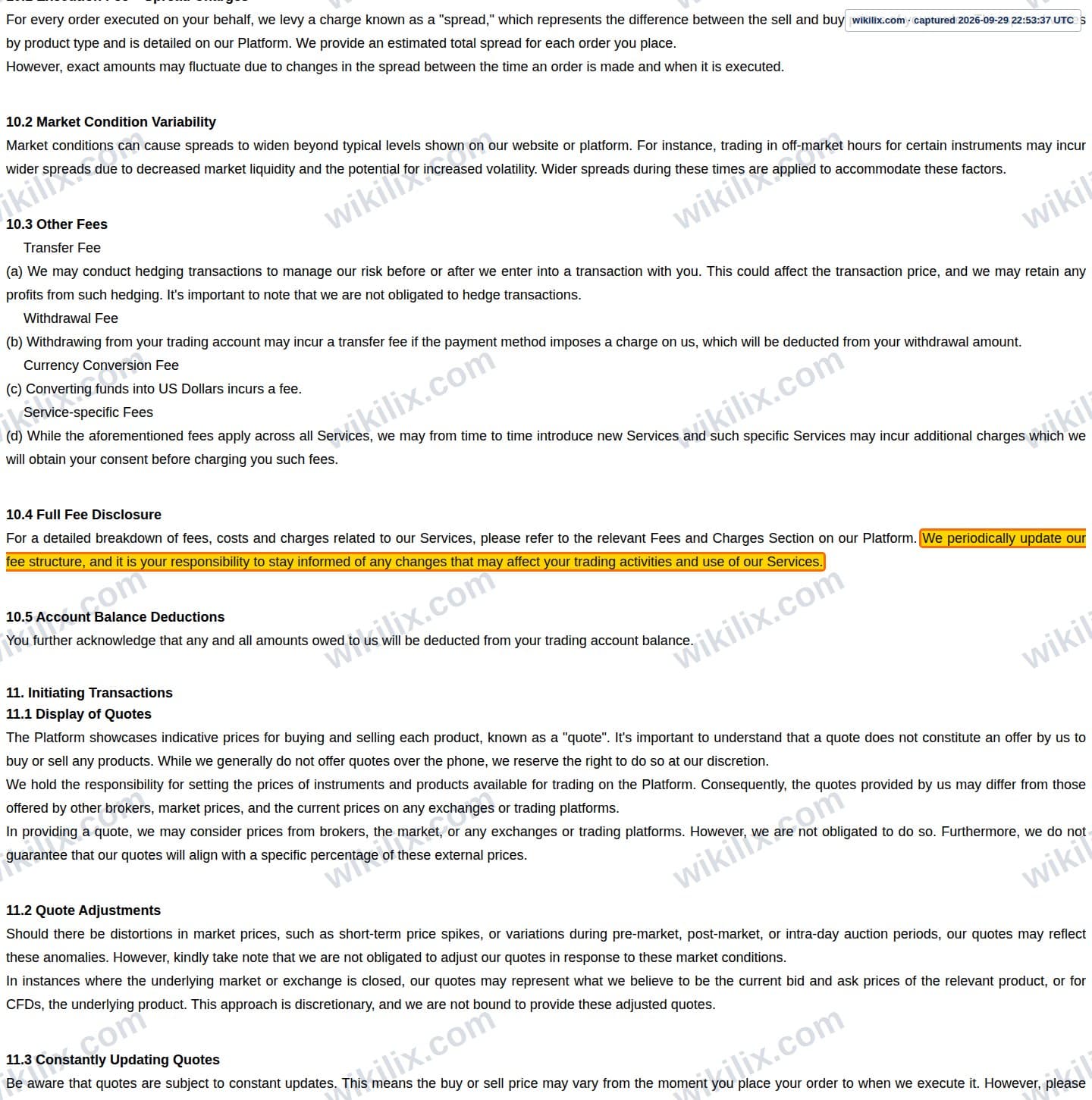 Our full page screenshot of the page this clause sits on, on Trading Pro's site web.archive.org, taken on Sep 29, 2026. The quoted words are marked in the image.