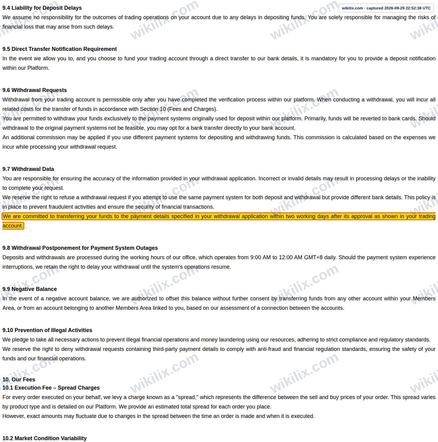 Our full page screenshot of the page this clause sits on, on Trading Pro's site web.archive.org, taken on Sep 29, 2026. The quoted words are marked in the image.