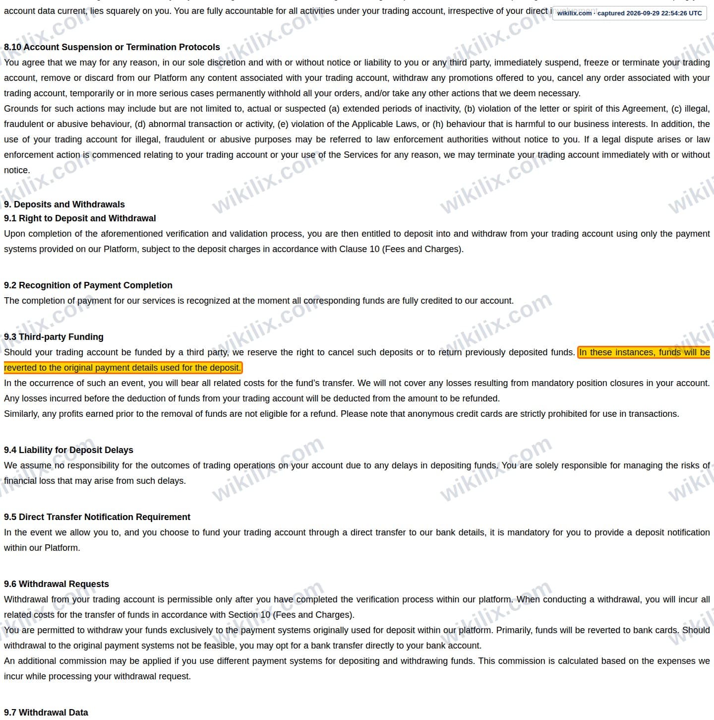 Our full page screenshot of the page this clause sits on, on Trading Pro's site web.archive.org, taken on Sep 29, 2026. The quoted words are marked in the image.
