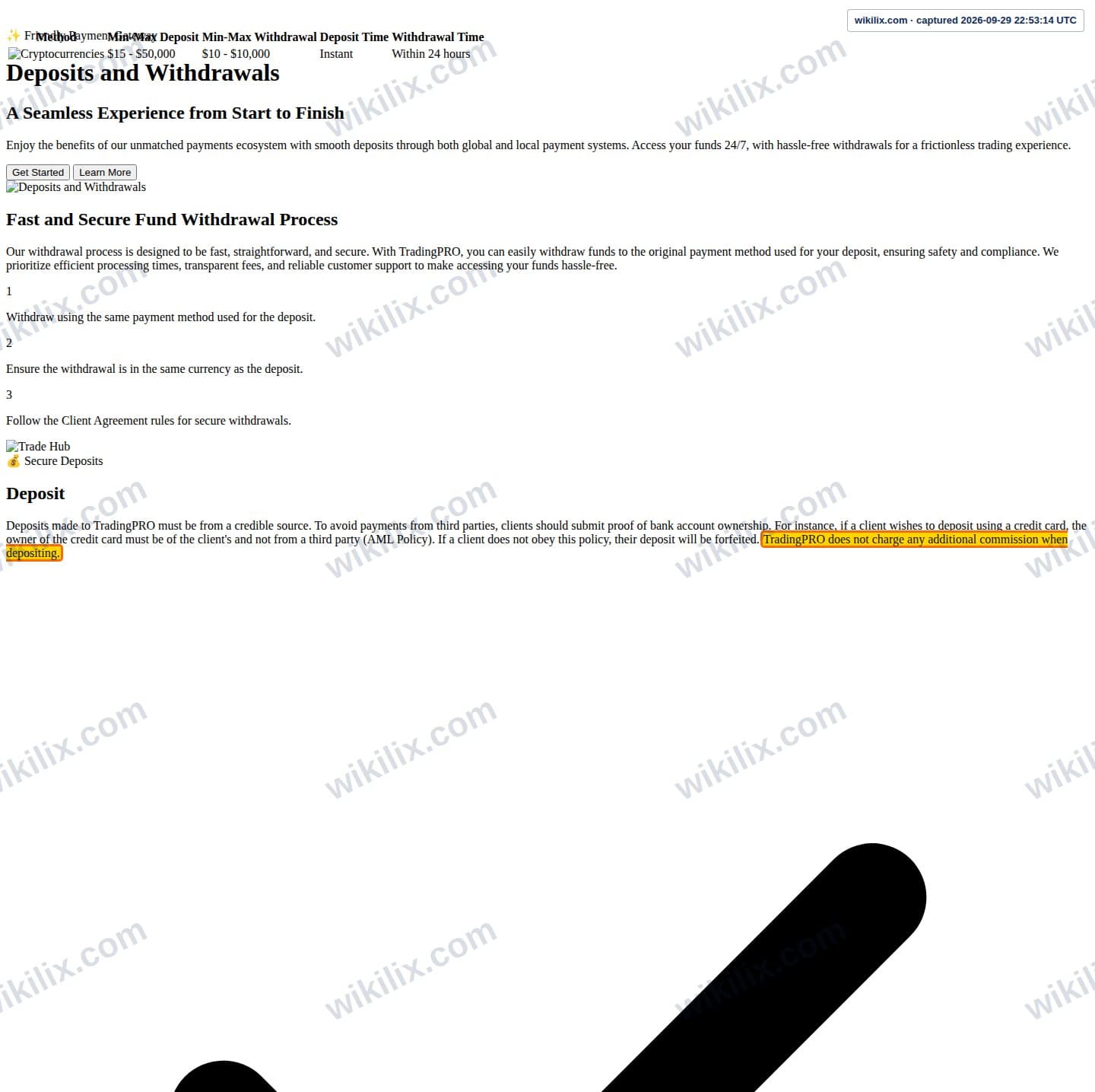 Our full page screenshot of the page that makes this promise, on Trading Pro's site web.archive.org, taken on Sep 29, 2026. The quoted words are marked in the image.