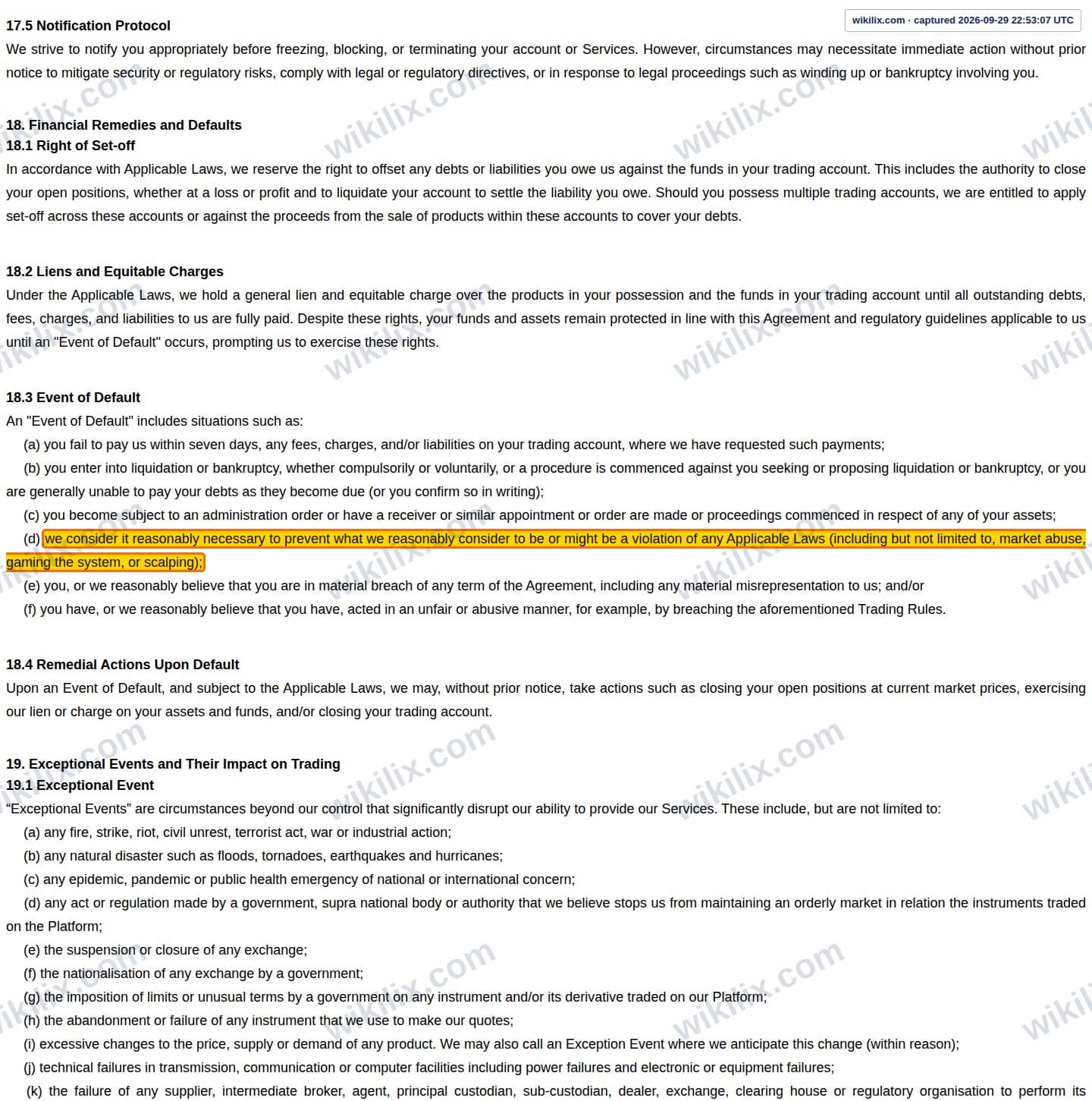 Our full page screenshot of the page this clause sits on, on Trading Pro's site web.archive.org, taken on Sep 29, 2026. The quoted words are marked in the image.