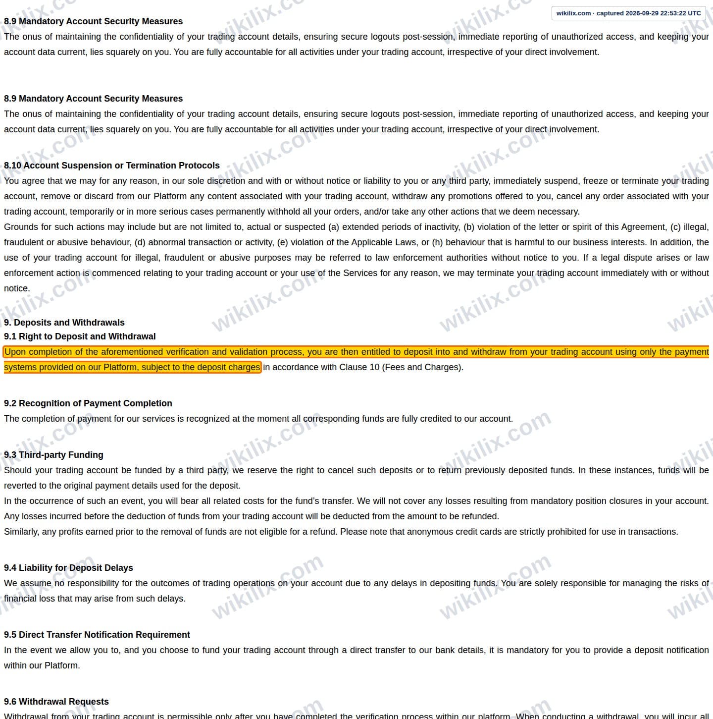 Our full page screenshot of the page this clause sits on, on Trading Pro's site web.archive.org, taken on Sep 29, 2026. The quoted words are marked in the image.
