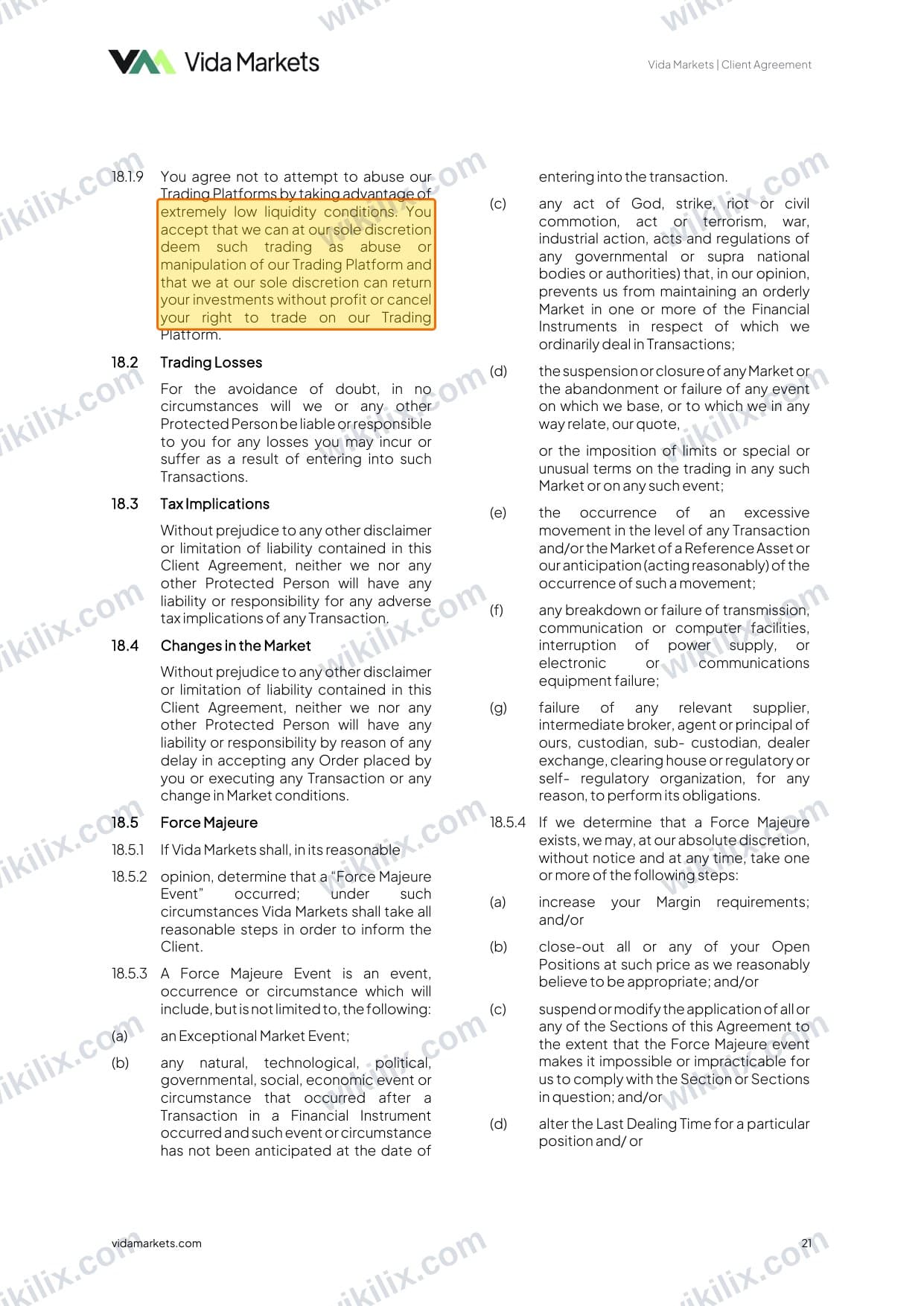 Our full page screenshot of the page this clause sits on, on Vida Markets's site vidamarkets.com, taken on Aug 23, 2026. The quoted words are marked in the image.