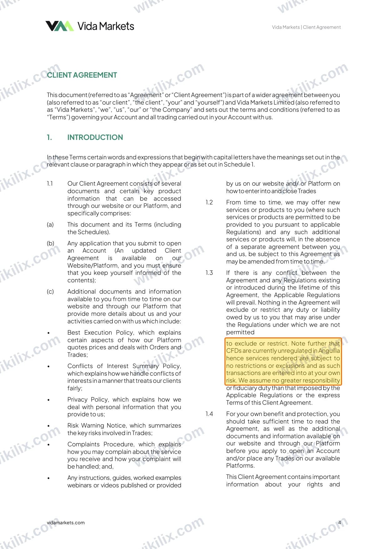 Our full page screenshot of the page this clause sits on, on Vida Markets's site vidamarkets.com, taken on Aug 23, 2026. The quoted words are marked in the image.