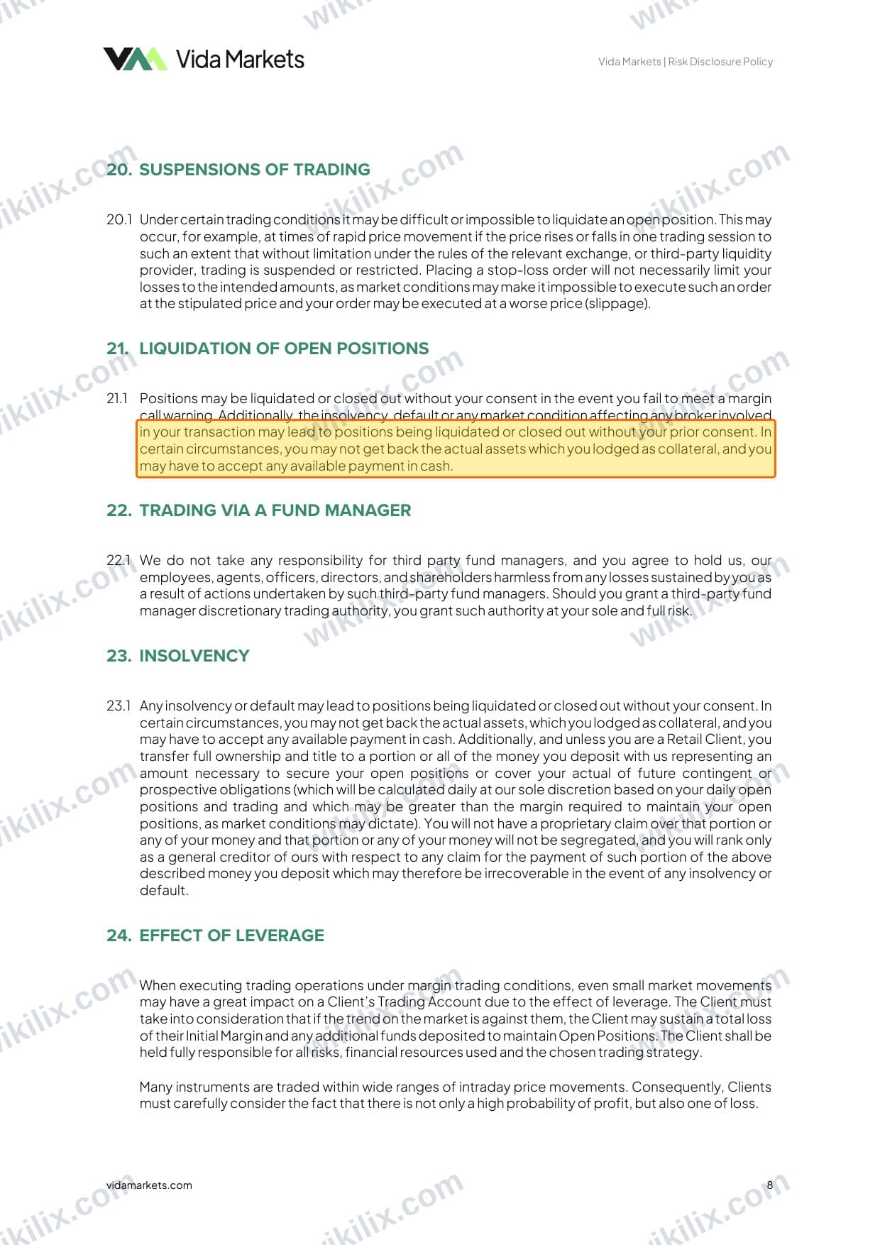 Our full page screenshot of the page this clause sits on, on Vida Markets's site vidamarkets.com, taken on Aug 23, 2026. The quoted words are marked in the image.