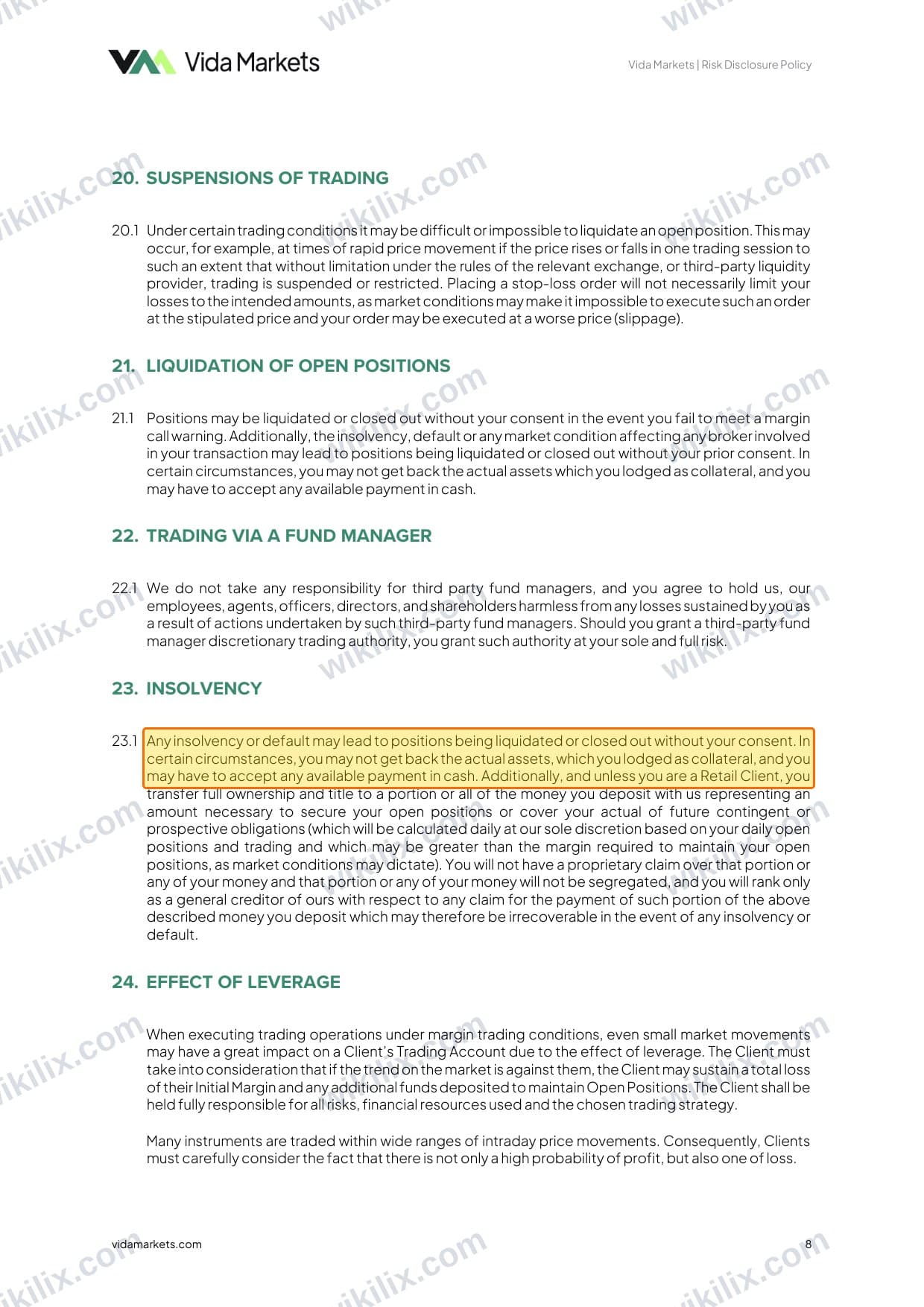 Our full page screenshot of the page this clause sits on, on Vida Markets's site vidamarkets.com, taken on Aug 23, 2026. The quoted words are marked in the image.