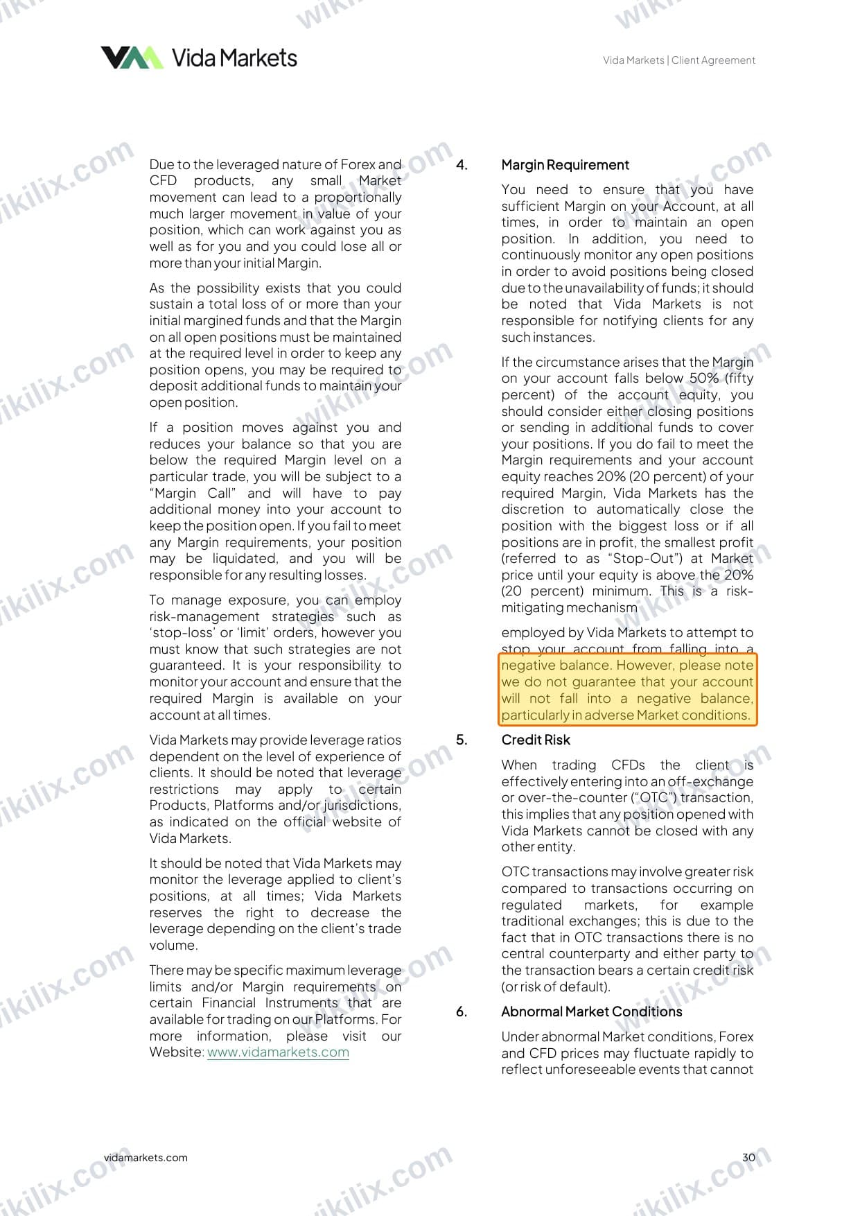 Our full page screenshot of the page this clause sits on, on Vida Markets's site vidamarkets.com, taken on Aug 23, 2026. The quoted words are marked in the image.