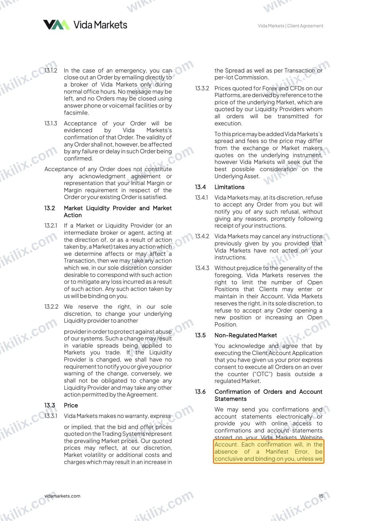 Our full page screenshot of the page this clause sits on, on Vida Markets's site vidamarkets.com, taken on Aug 23, 2026. The quoted words are marked in the image.
