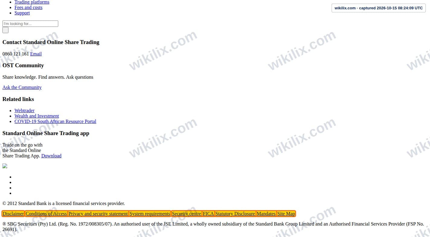 Our full page screenshot of the page this clause sits on, on Standard Bank's site onlinesharetrading.standardbank.co.za, taken on Oct 15, 2026. The quoted words are marked in the image.