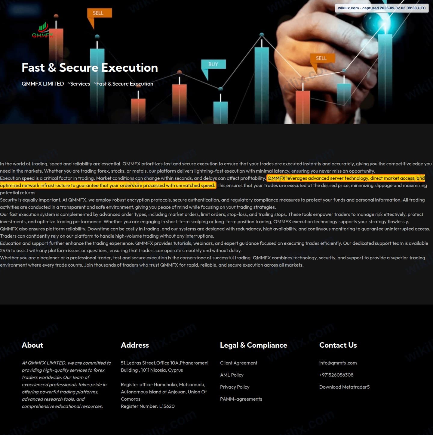 Our full page screenshot of the page that makes this promise, on QMMFX's site qmmfx.com, taken on Sep 2, 2026. The quoted words are marked in the image.