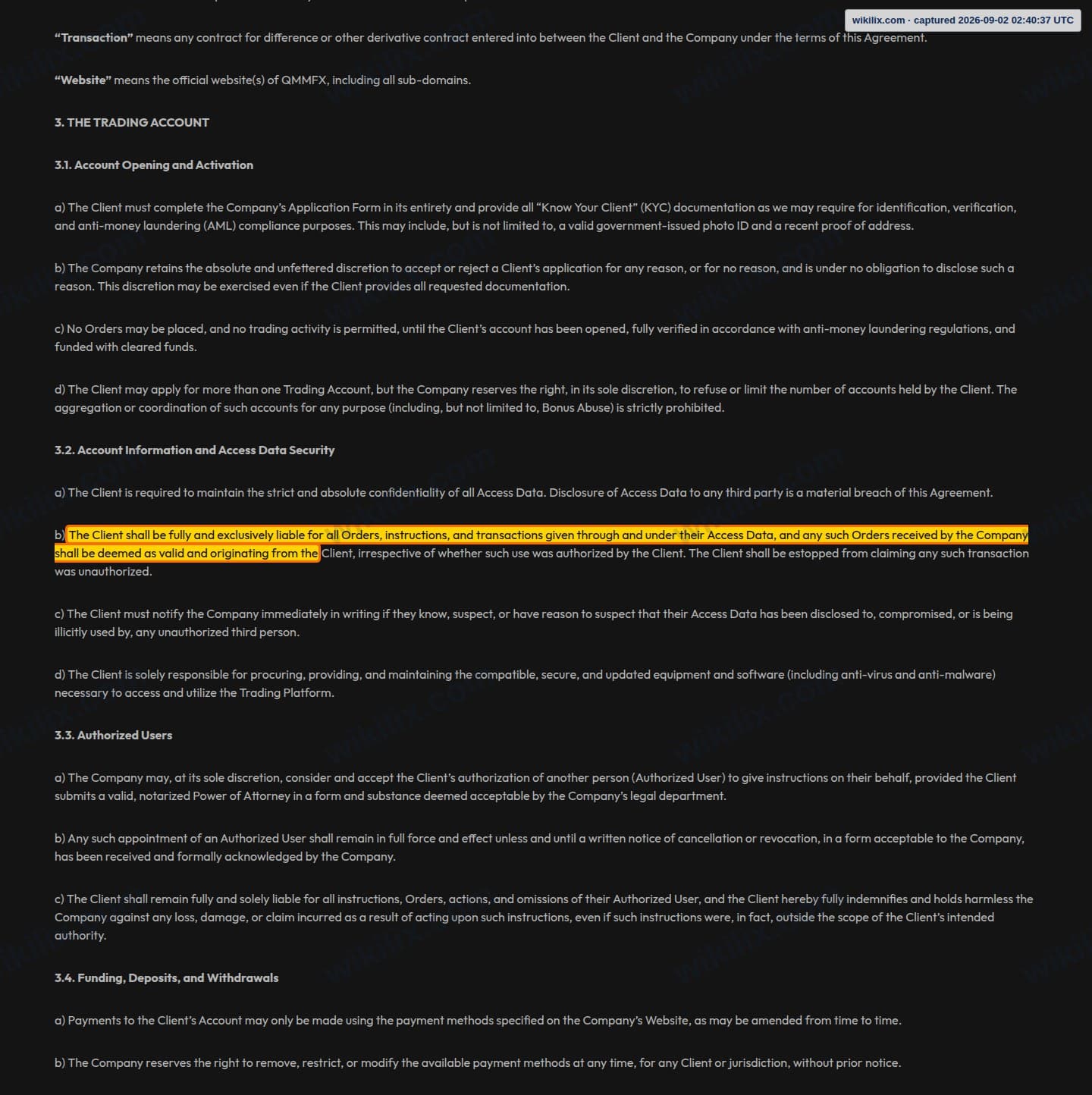 Our full page screenshot of the page this clause sits on, on QMMFX's site qmmfx.com, taken on Sep 2, 2026. The quoted words are marked in the image.