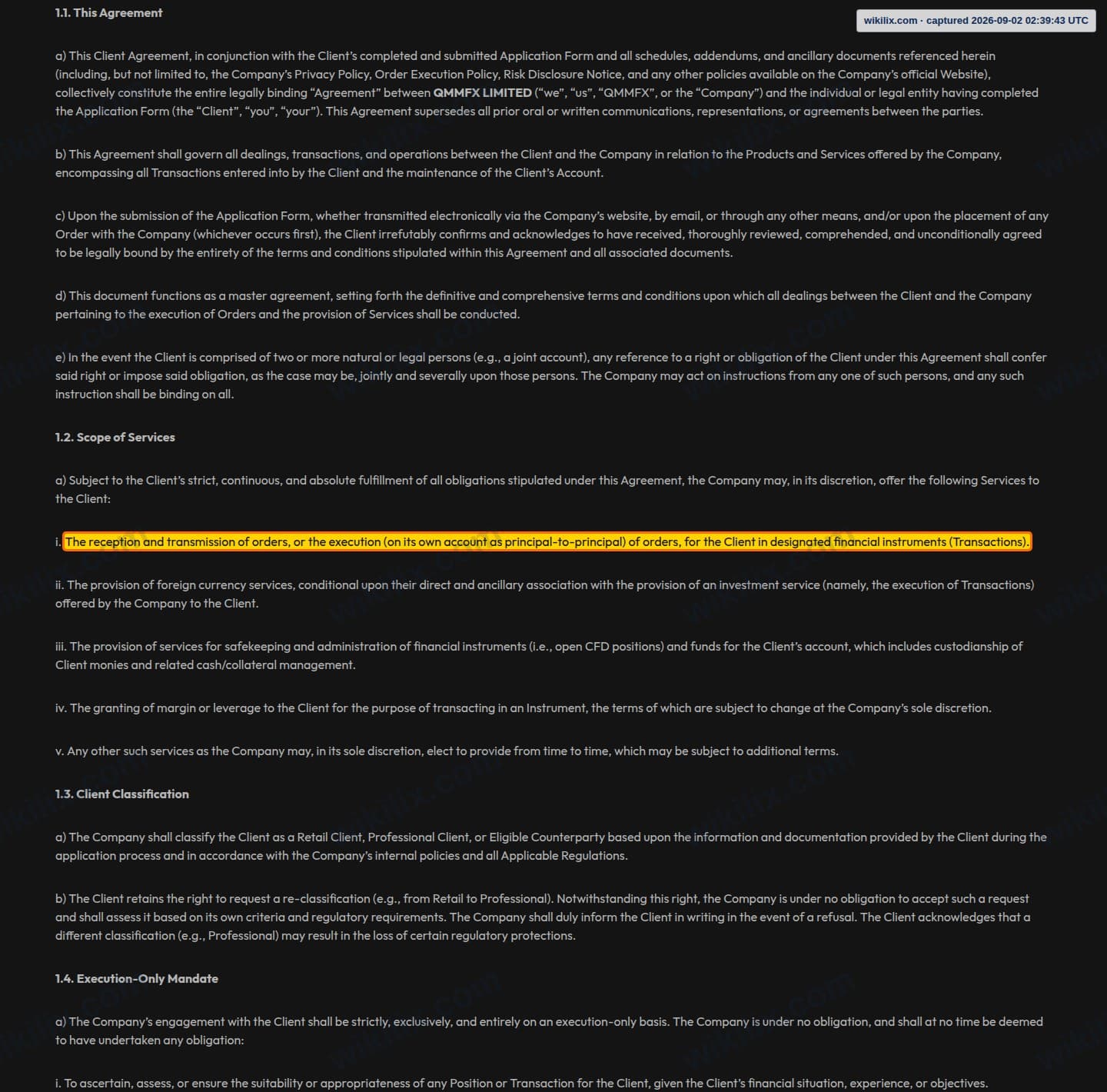 Our full page screenshot of the page this clause sits on, on QMMFX's site qmmfx.com, taken on Sep 2, 2026. The quoted words are marked in the image.