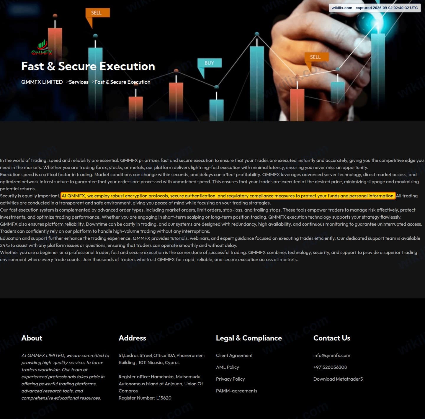 Our full page screenshot of the page that makes this promise, on QMMFX's site qmmfx.com, taken on Sep 2, 2026. The quoted words are marked in the image.