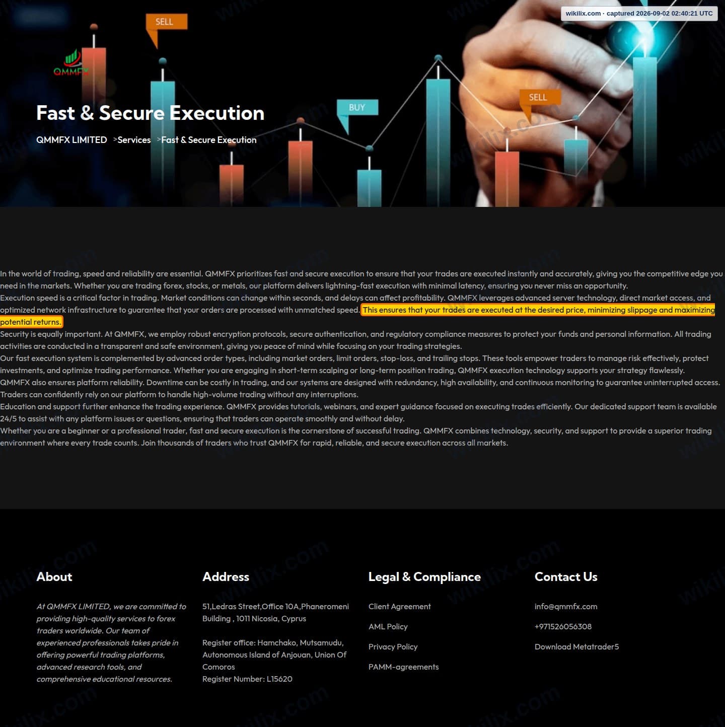 Our full page screenshot of the page that makes this promise, on QMMFX's site qmmfx.com, taken on Sep 2, 2026. The quoted words are marked in the image.