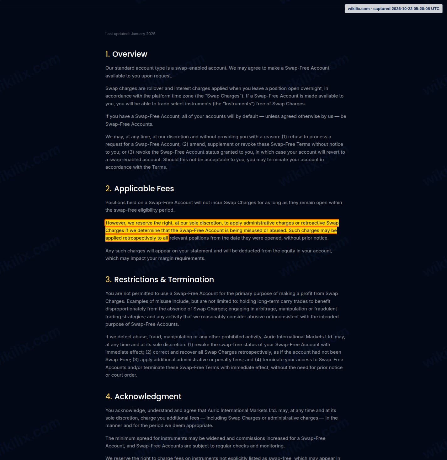 Our full page screenshot of the page this clause sits on, on AIMS's site aimsfx.com, taken on Oct 22, 2026. The quoted words are marked in the image.