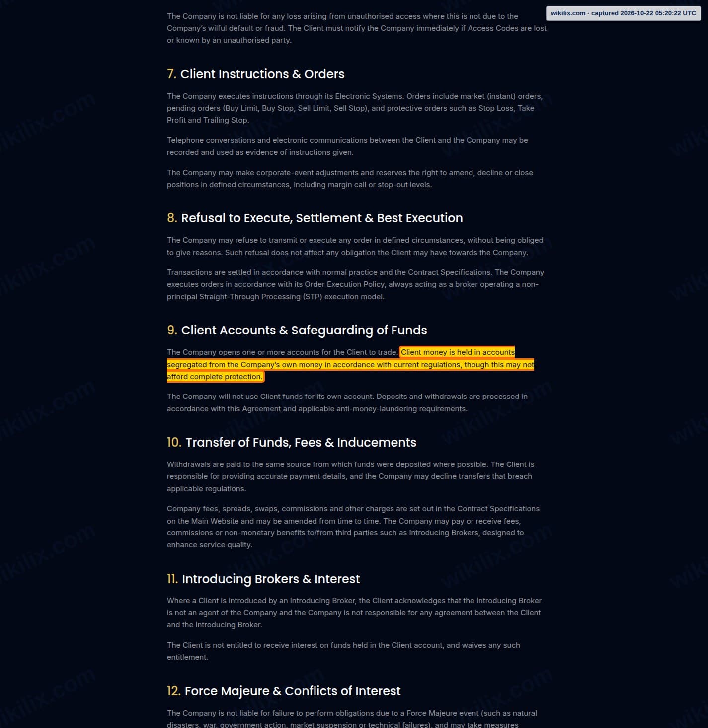 Our full page screenshot of the page this clause sits on, on AIMS's site aimsfx.com, taken on Oct 22, 2026. The quoted words are marked in the image.