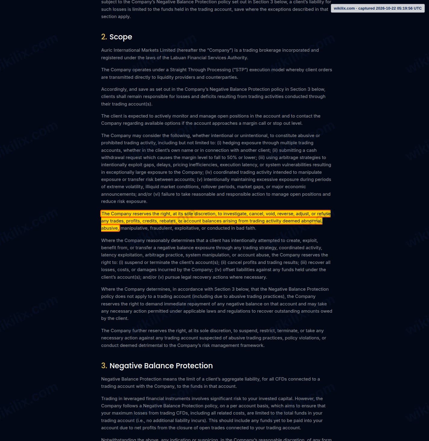 Our full page screenshot of the page this clause sits on, on AIMS's site aimsfx.com, taken on Oct 22, 2026. The quoted words are marked in the image.