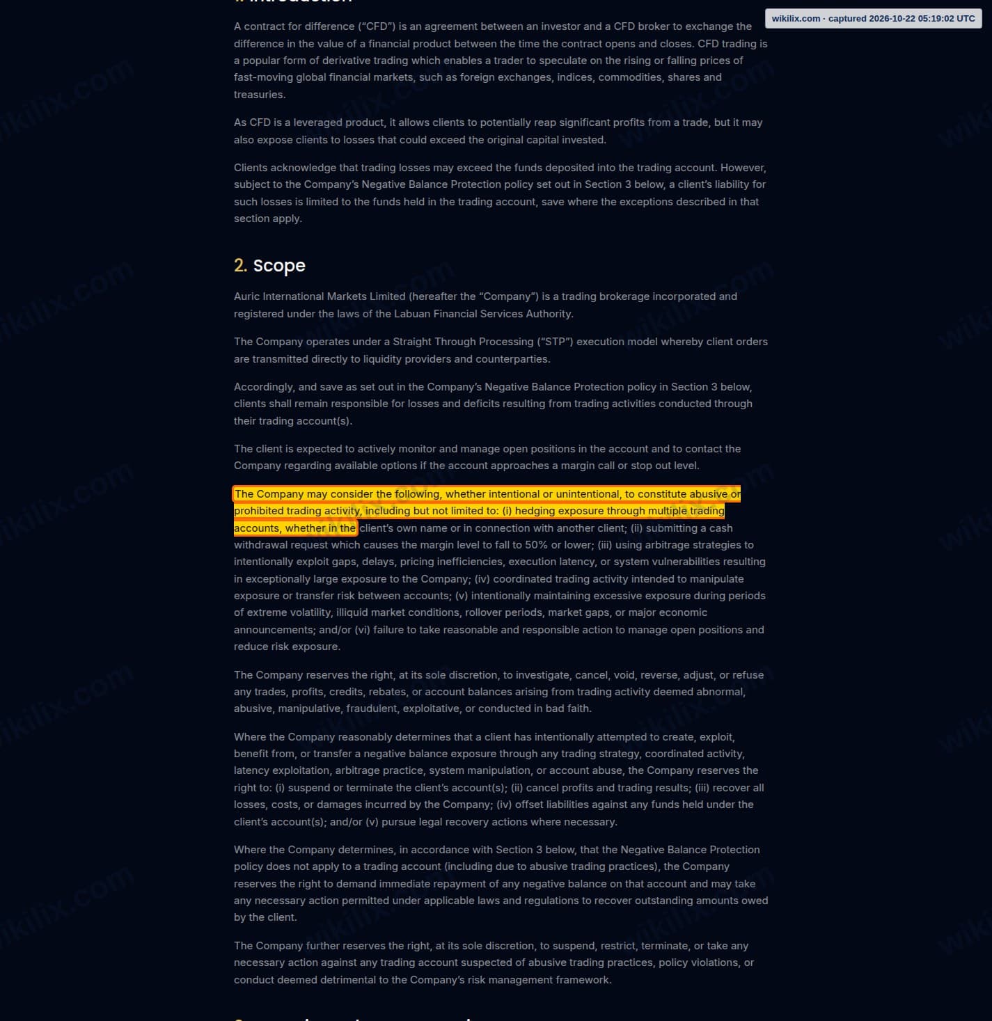 Our full page screenshot of the page this clause sits on, on AIMS's site aimsfx.com, taken on Oct 22, 2026. The quoted words are marked in the image.